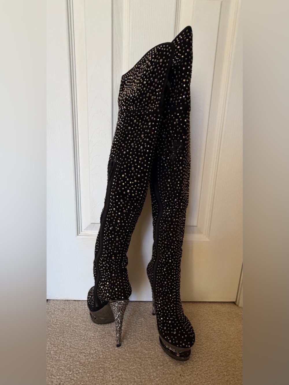 Black Rhinestone Over-the-Knee Stiletto Boots